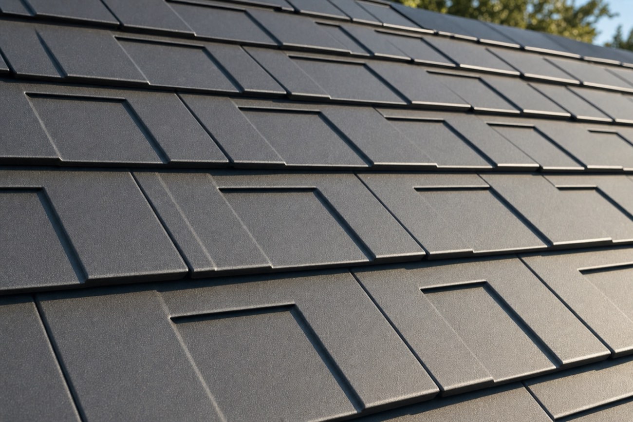 Close-up of stamped steel roof panels with a dimensional shingle pattern