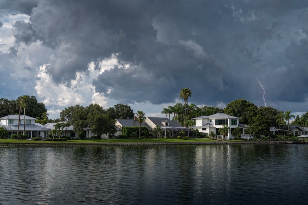 Lakeside Orlando homes with metal roofs as an afternoon thunderstorm builds